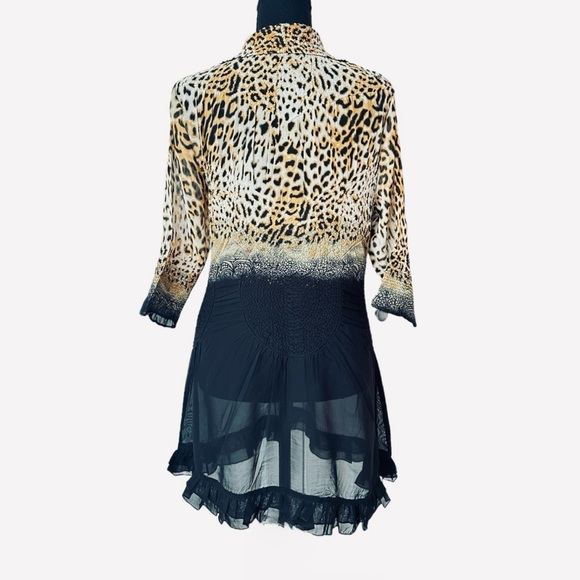#54 JERRY T ~ Leopard Print Button-Up Top w/Sheer Black Bottom Piece 3/4 Sleeves - Picture 4 of 8